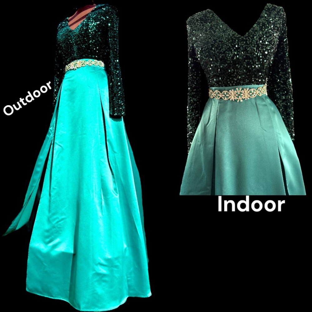Christmas Gown, Green Sequin Evening Dress, Crystal Beaded Sash, Dress, Holiday
